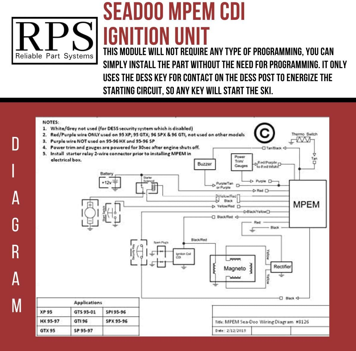 RPS Seadoo MPEM CDI Ignition Unit 717 720 1995 1996 GTI GTS HX SPX SPI XP Replaces 278-000-423, 278-000-474, 278-000-821, 278-000-822, 278-000-822, 278-001-025, 278-001-134, 278-001-135
