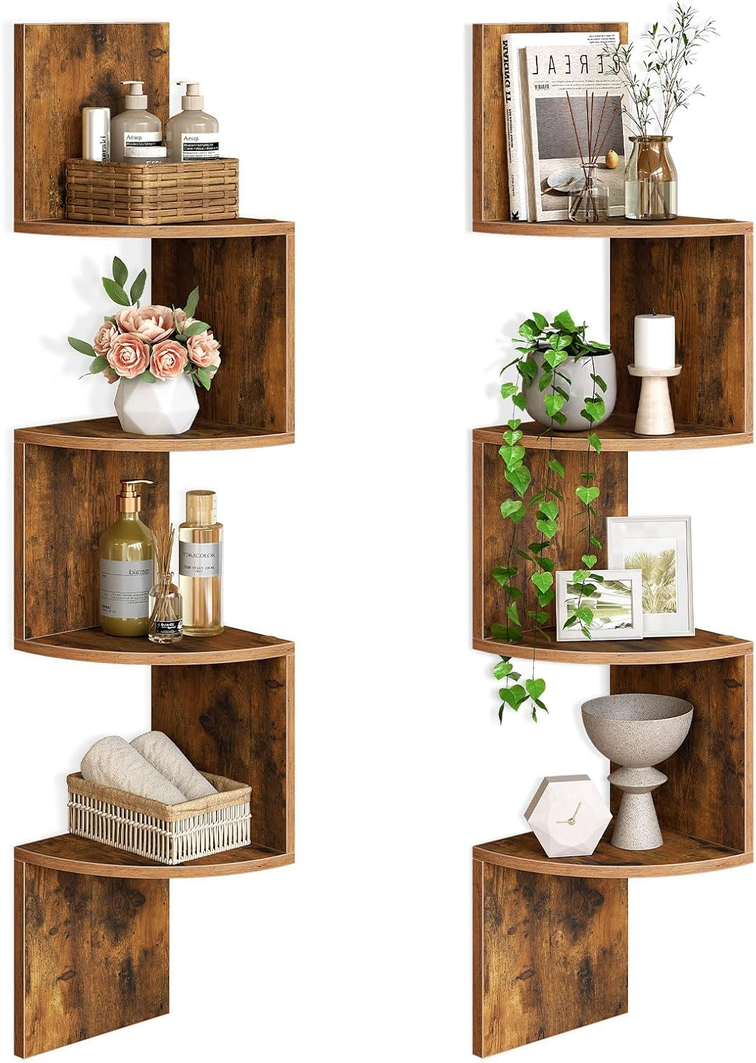 HOOBRO Corner Shelf Wall-Mounted, Set of 2 Floating Corner Shelves for Wall, 4-Tier Corner Bookshelves for Living Room, Bedroom, Bathroom, Home Office, Rustic Brown BF25BJP201 image number 4