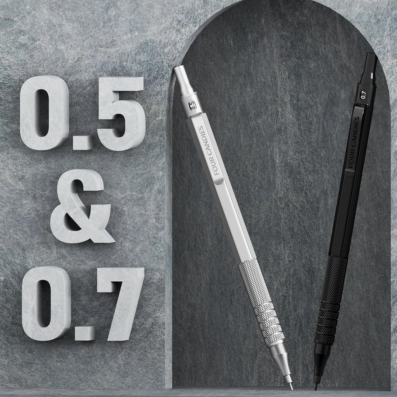 Four Candies 4PCS Metal Mechanical Pencils Set with Case, 0.5Mm & 0.7 Mm Artist Pencil with 8 Tubes (480PCS) HB Lead Refills, 3 Erasers,9 Eraser Refills for Writing Drafting, Drawing, Black&Sliver image number 4