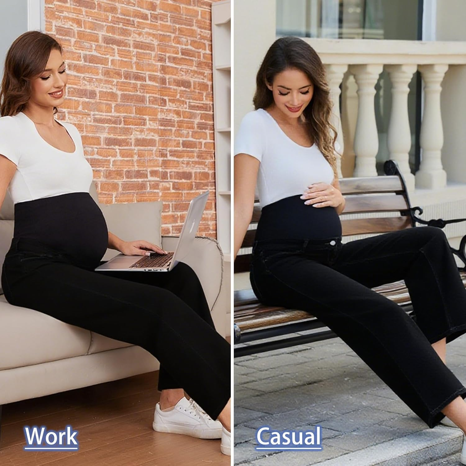 Ecavus Women'S Maternity Jeans over Belly Wide-Leg Comfy Stretch Denim Pants with Pockets, XS-XXL image number 1