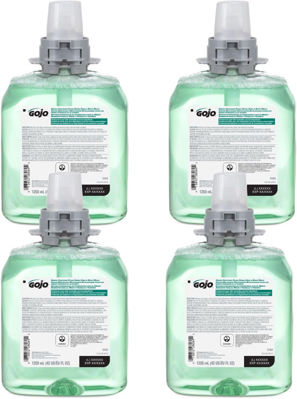 GOJO Green Certified Foam Hand, Hair & Body Wash, Rich Lather - 1250 Ml - 4 Count - Cucumber and Melon Fragrance - FMX-12 Dispenser Spotted