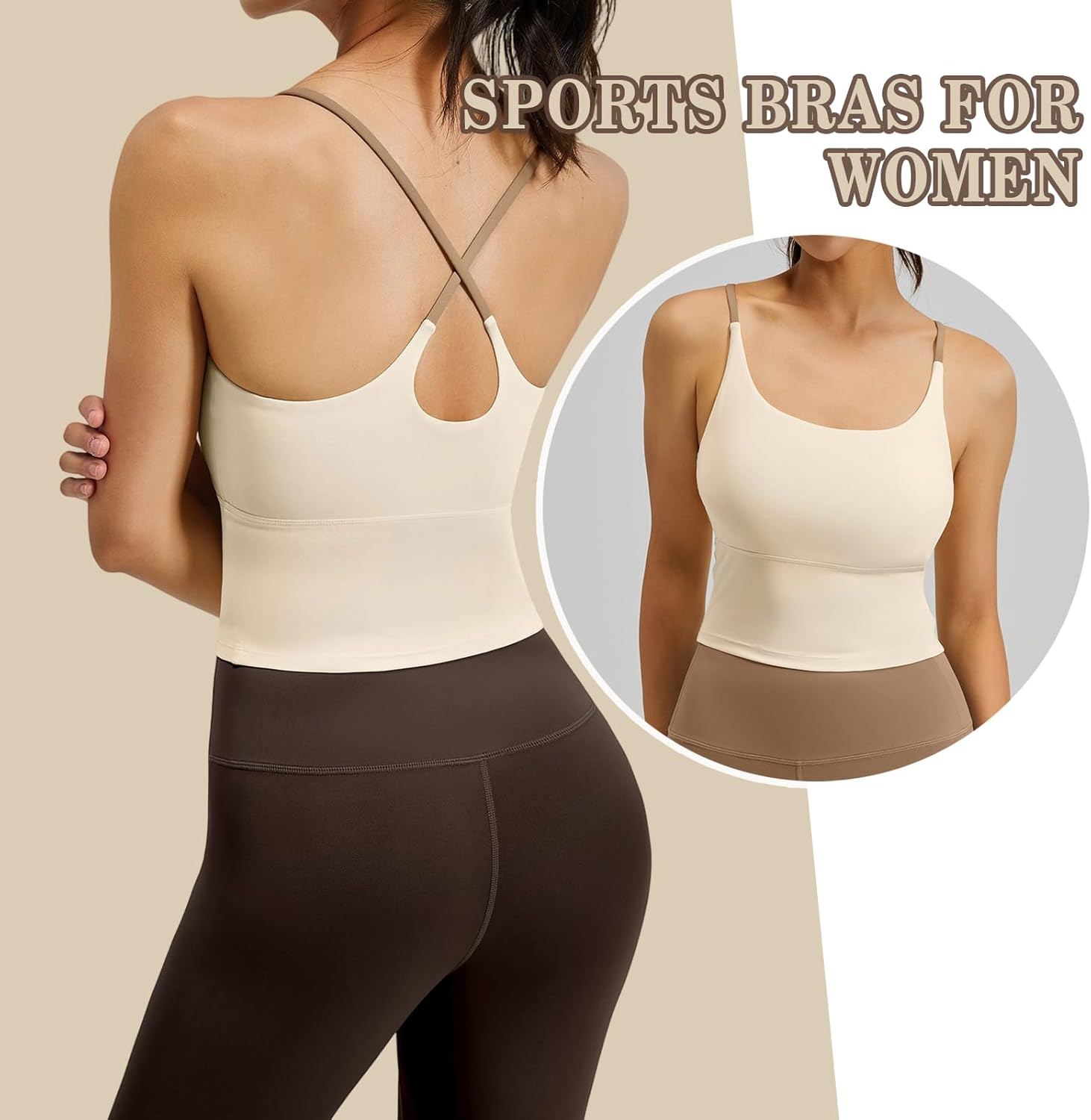 Women&rsquo;S Longline Sports Bra with Built-In Pads - Yoga Bra Tank Top, Cross Back Fitness Crop Top with Spaghetti Straps for Gym, Pilates image number 5