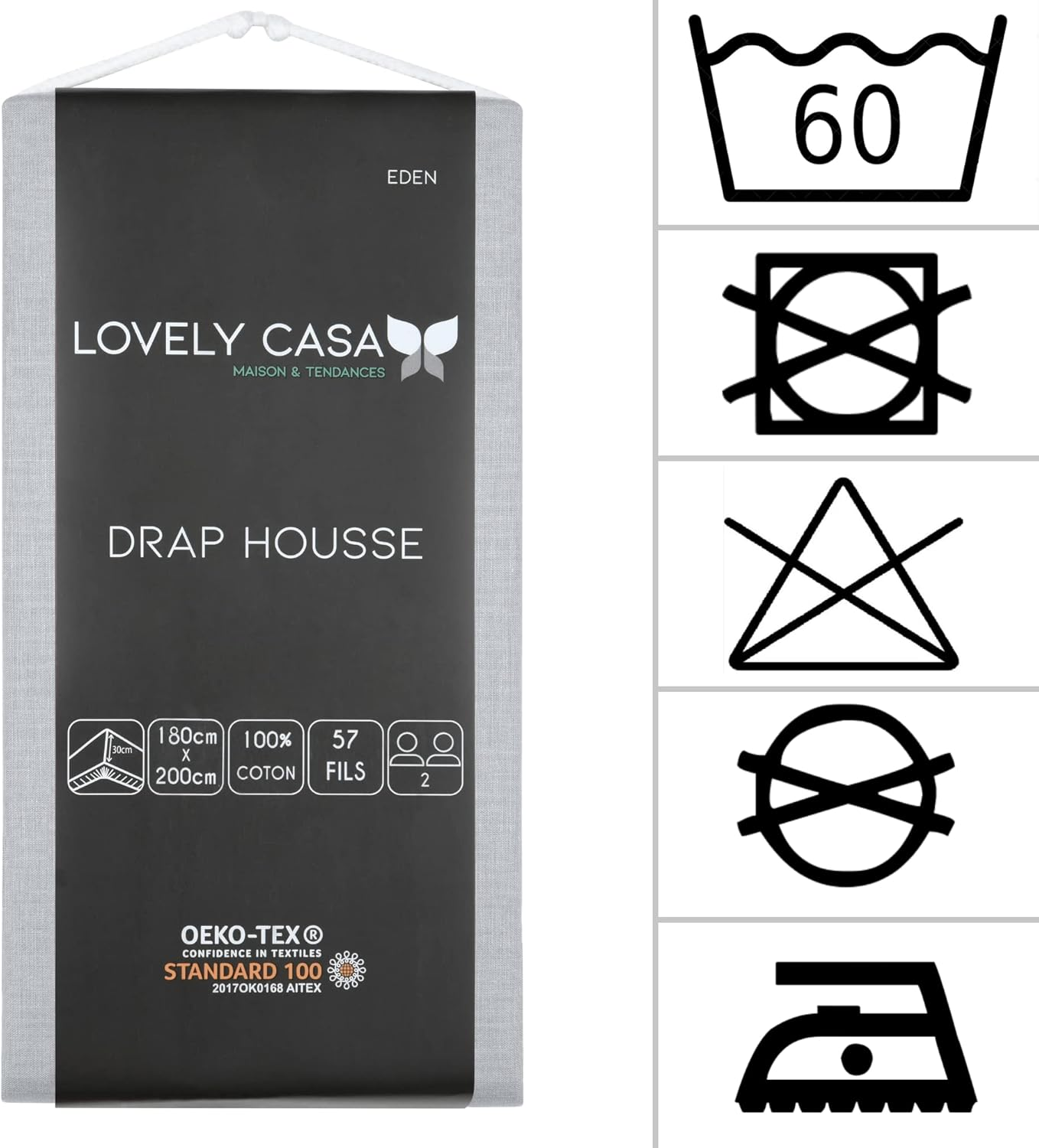 Lovely Casa - Fitted Sheet - Size 180 X 200 Cm - Large 30 Cm - 100% Oeko-Tex Certified Cotton - Mouse Colour - Eden Model - Bed Linen for Home - Soft and Comfortable for a Cosy Nest image number 6