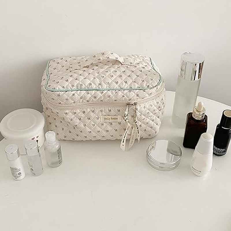Makeup Bag Floral Cotton Large Travel Cosmetic Quilted Pouch Coquette Aesthetic Toiletry for Ladies Girl Multifunction Storage Bag, Beige, (YJL-DRLSHHZB-01) - Blue-01 image number 4