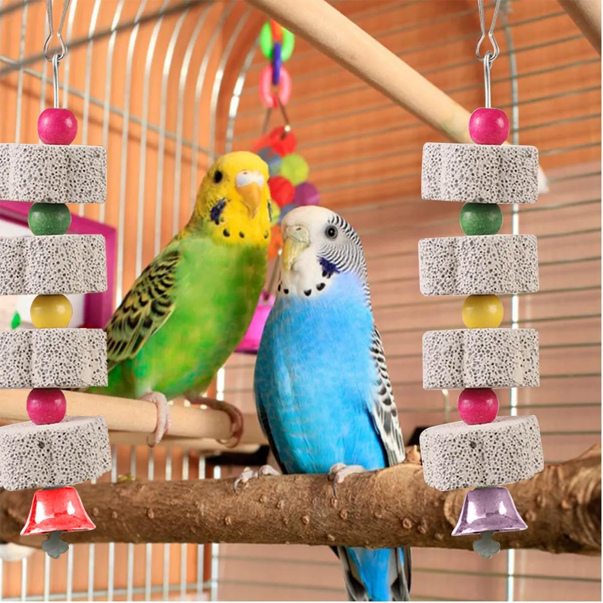 Ruayia Bird Chew Toy, 2 Pieces Birdbeak Whetstone with Bell, Parrot Beak Whetstone for Cockatoo Budgie Parakeet Cockatiel Lovebird, Hanging Swing Bird Cage Accessories image number 1