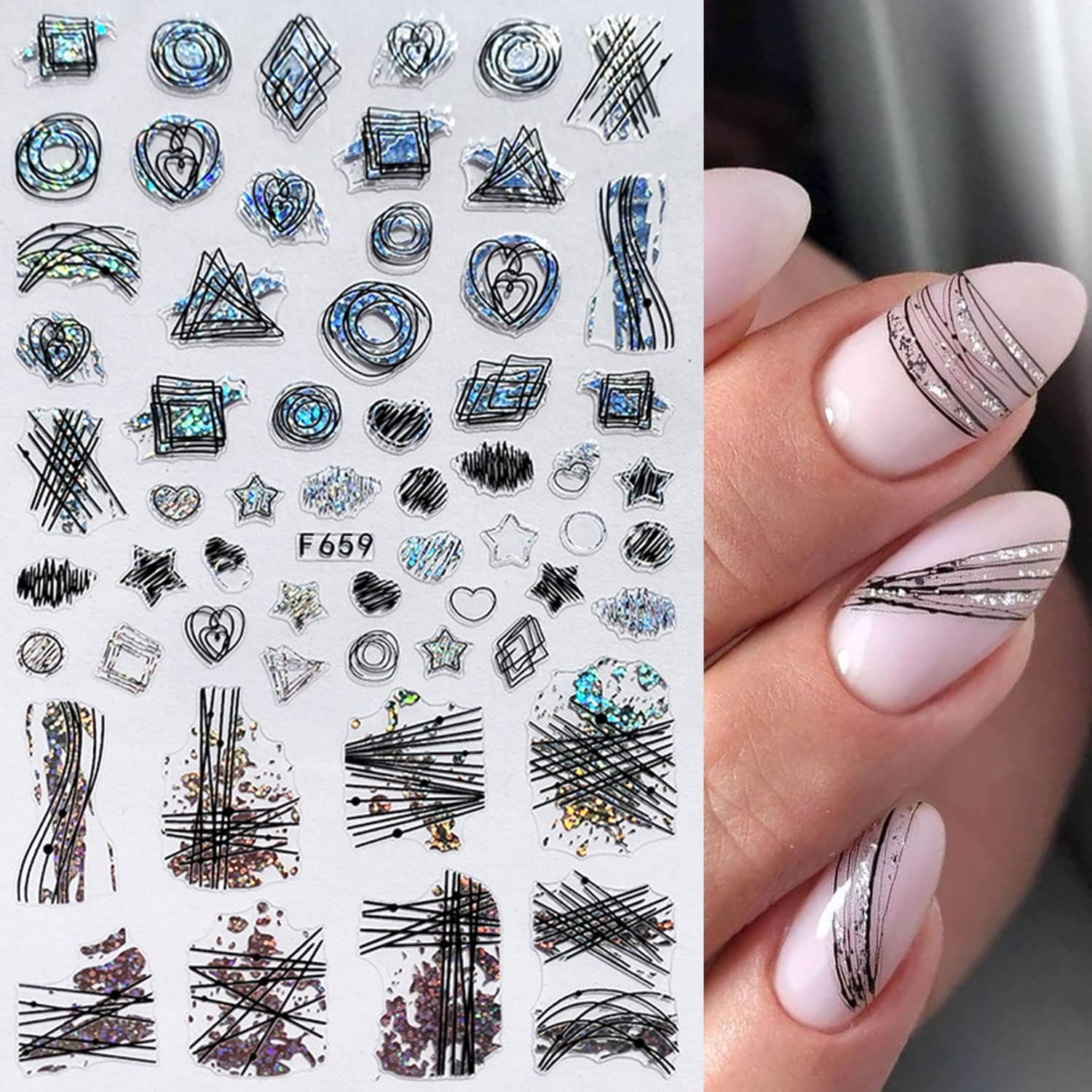 Fall Nail Art Stickers Decals Leaf 8Pcs 3D Self-Adhesive Holographic Gold Black Silver Leaf Manicuring Foils Geometric Slider Nail Art Adhesive Decor (Silver)