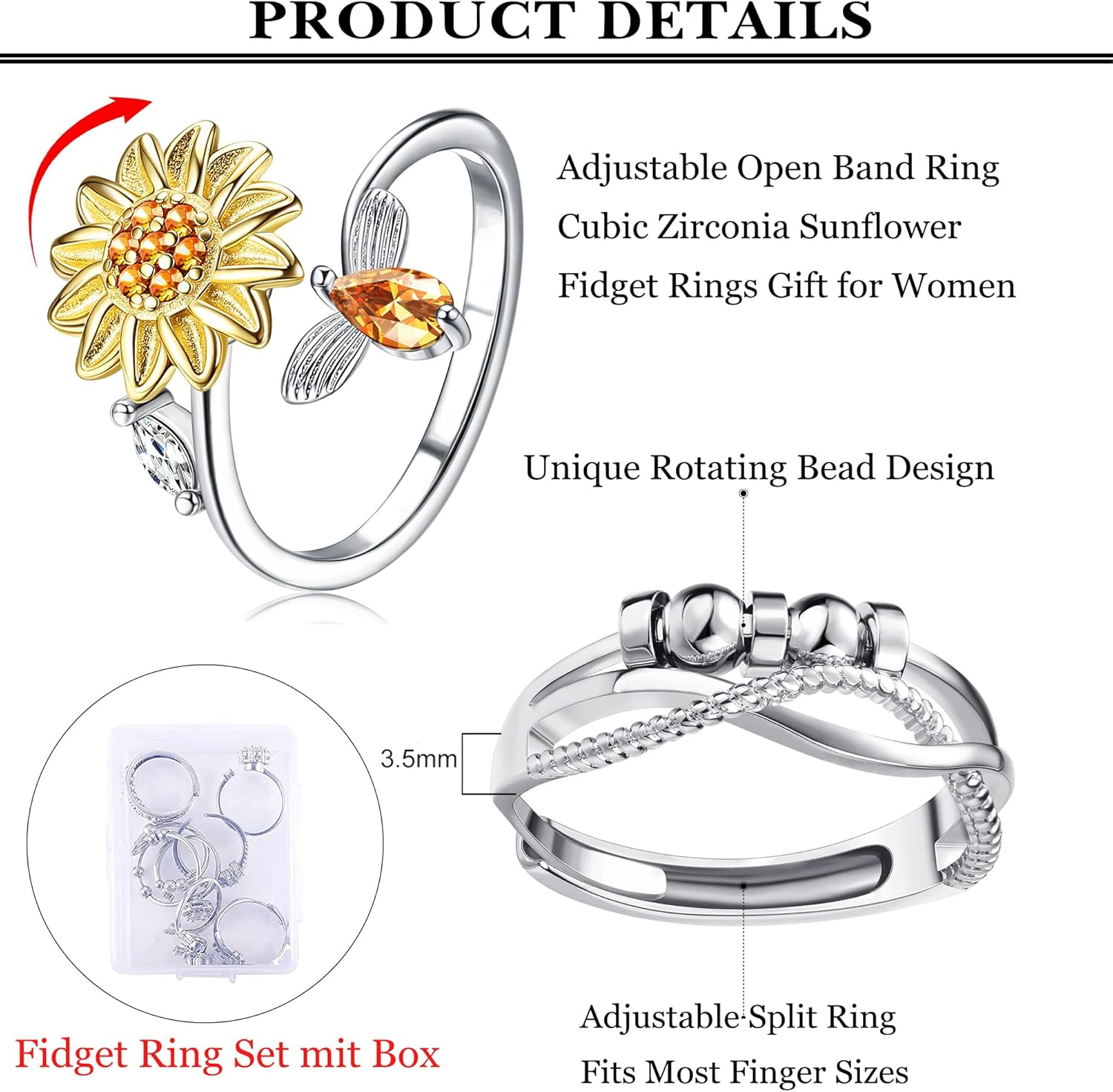 Kakonia 9Pcs Fidget Anxiety Rings for Women Spinner Fidget Rings for Anxiety Adjustable Cubic Zirconia Flower Butterfly Sunflower Bead Stress Relief Spinning Stackable Ring Set with Box image number 2