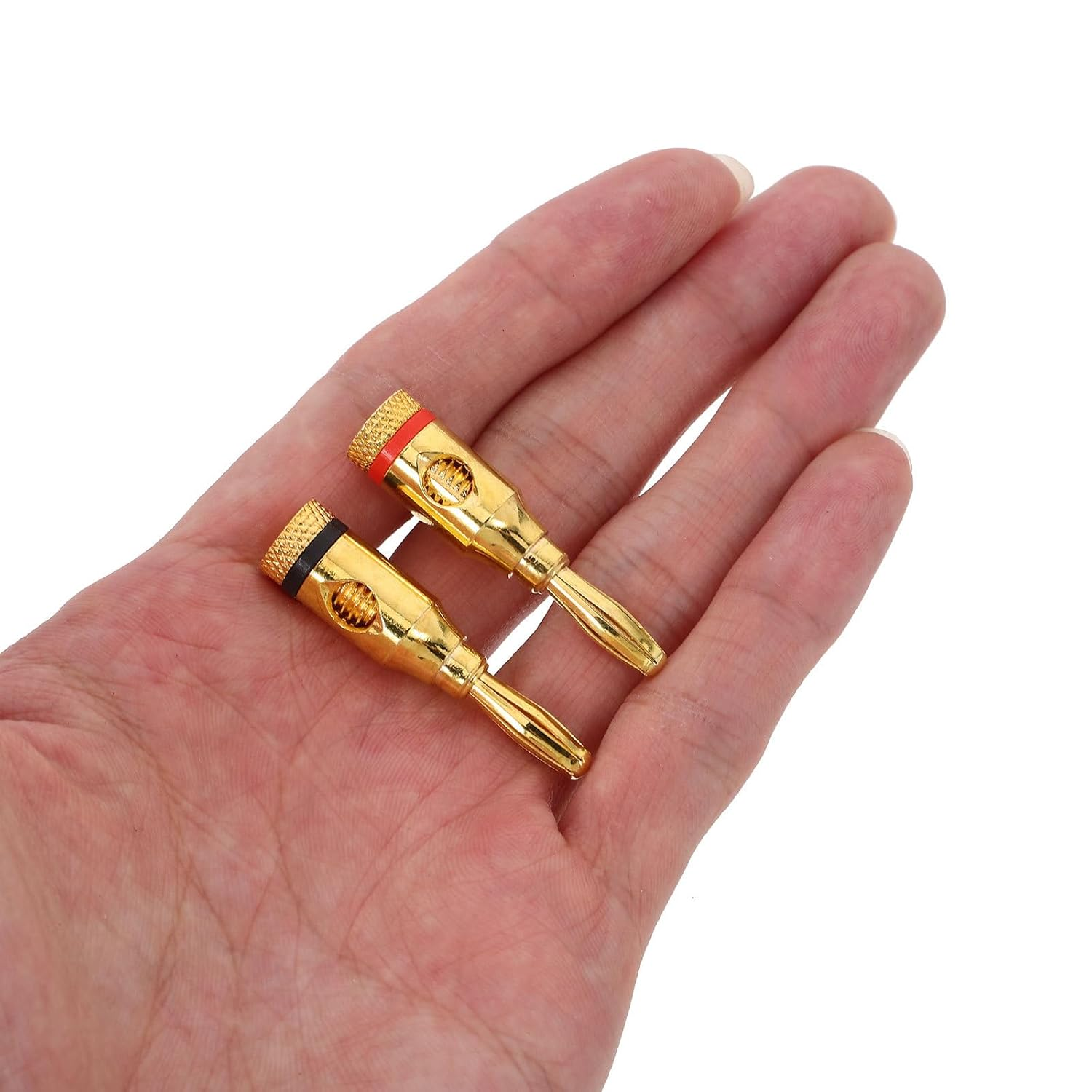 MERRYHAPY 4Pcs Gold Plated Banana Plugs Speaker Connector Open Screw Type for Small Plug Speaker Wire Home Audio Accessories (2 Red, 2 Black)