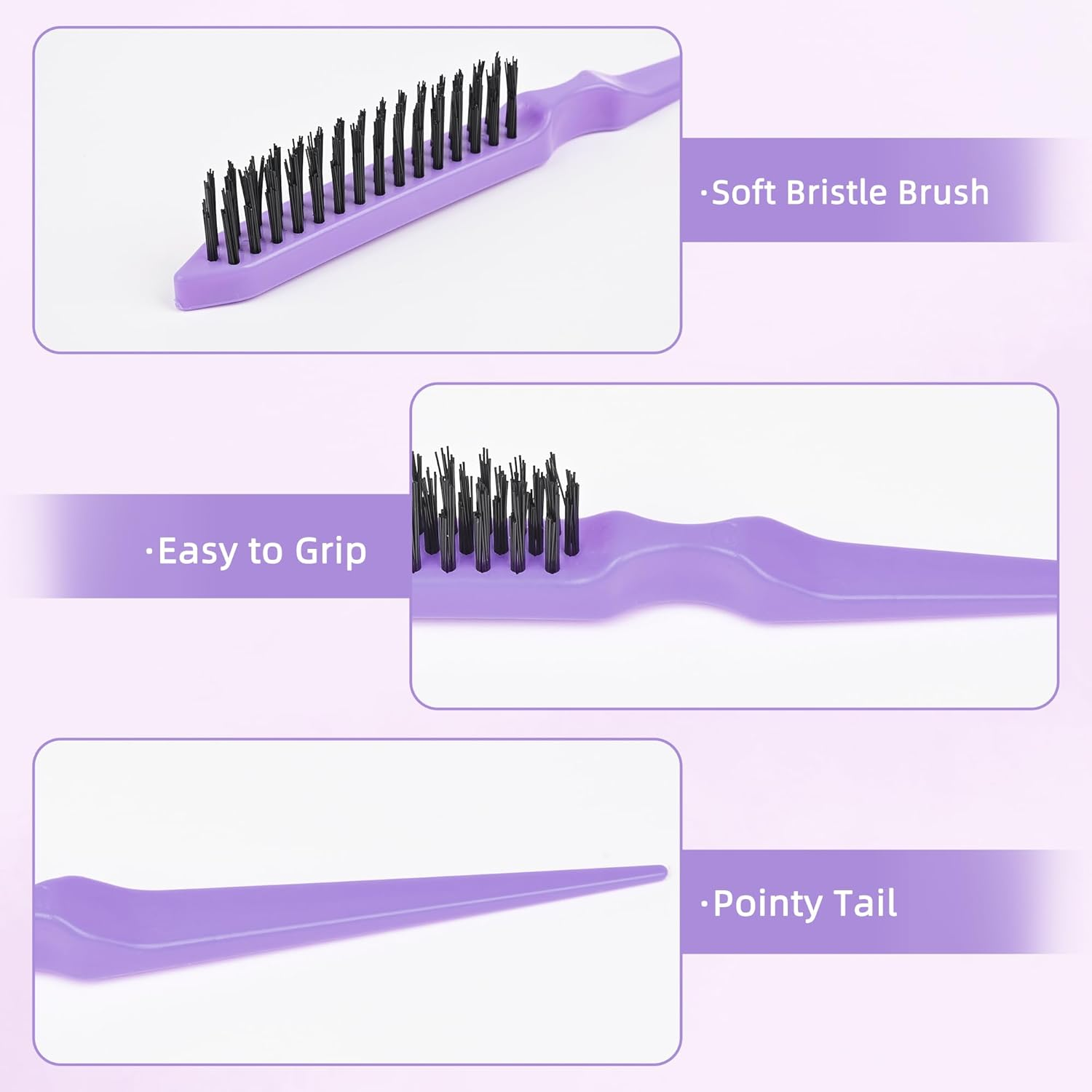 3Pcs Hair Dressing Stylings Tools, Teasing Brush Stainless Steel Rat Tail Comb Edge Control Hair Brush for Back Brushing, Combing, Braiding, Slicking Hair for Women - Purple-3 image number 5