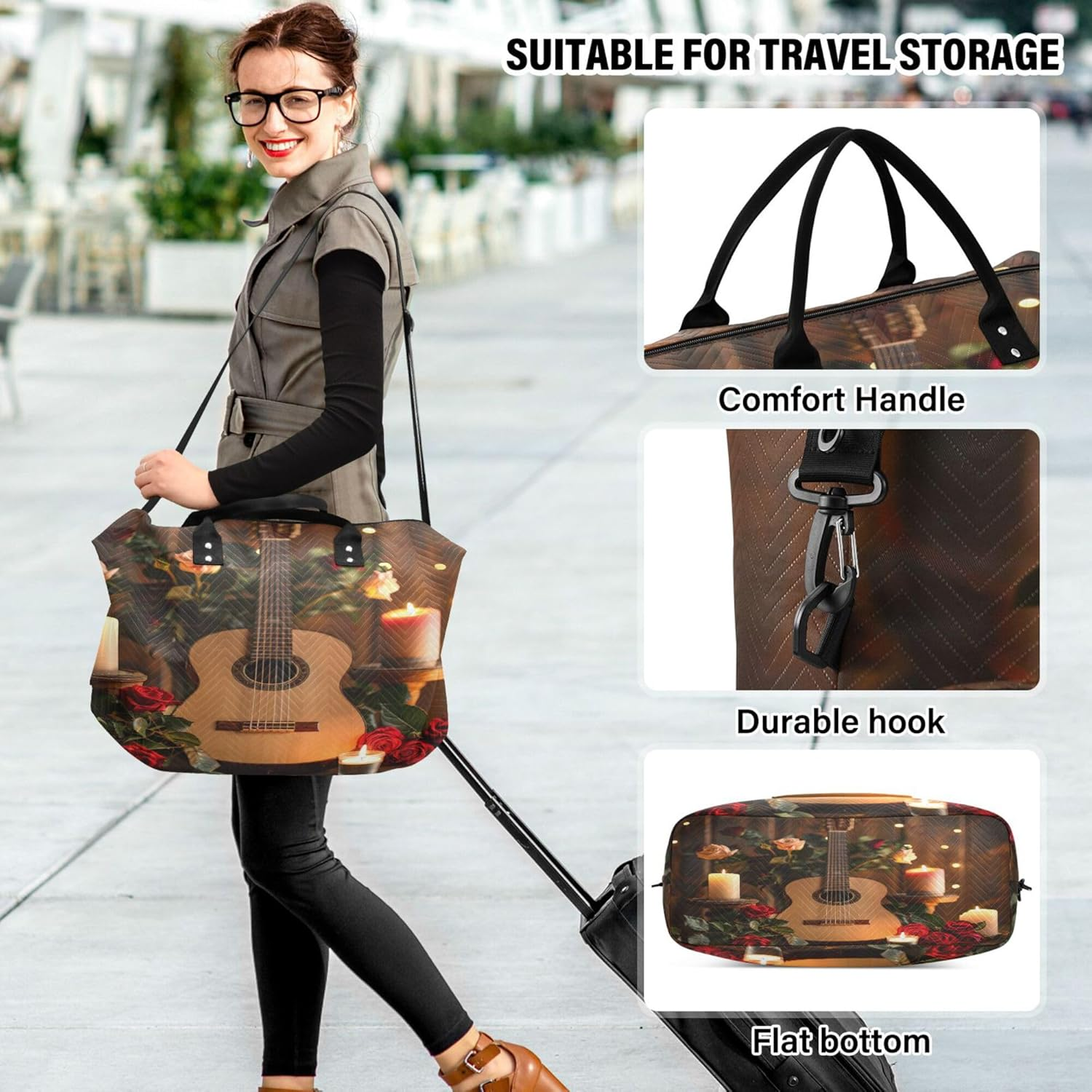 Large Travel Duffel Luggage Gym Tote Bag Carry on Weekend Bag with Adjustable Strap for Workout Multifunctional Vintage Style Guitar Roses Candles, Multi, One Size, Modern/Fitted, Multi, One Size, image number 4