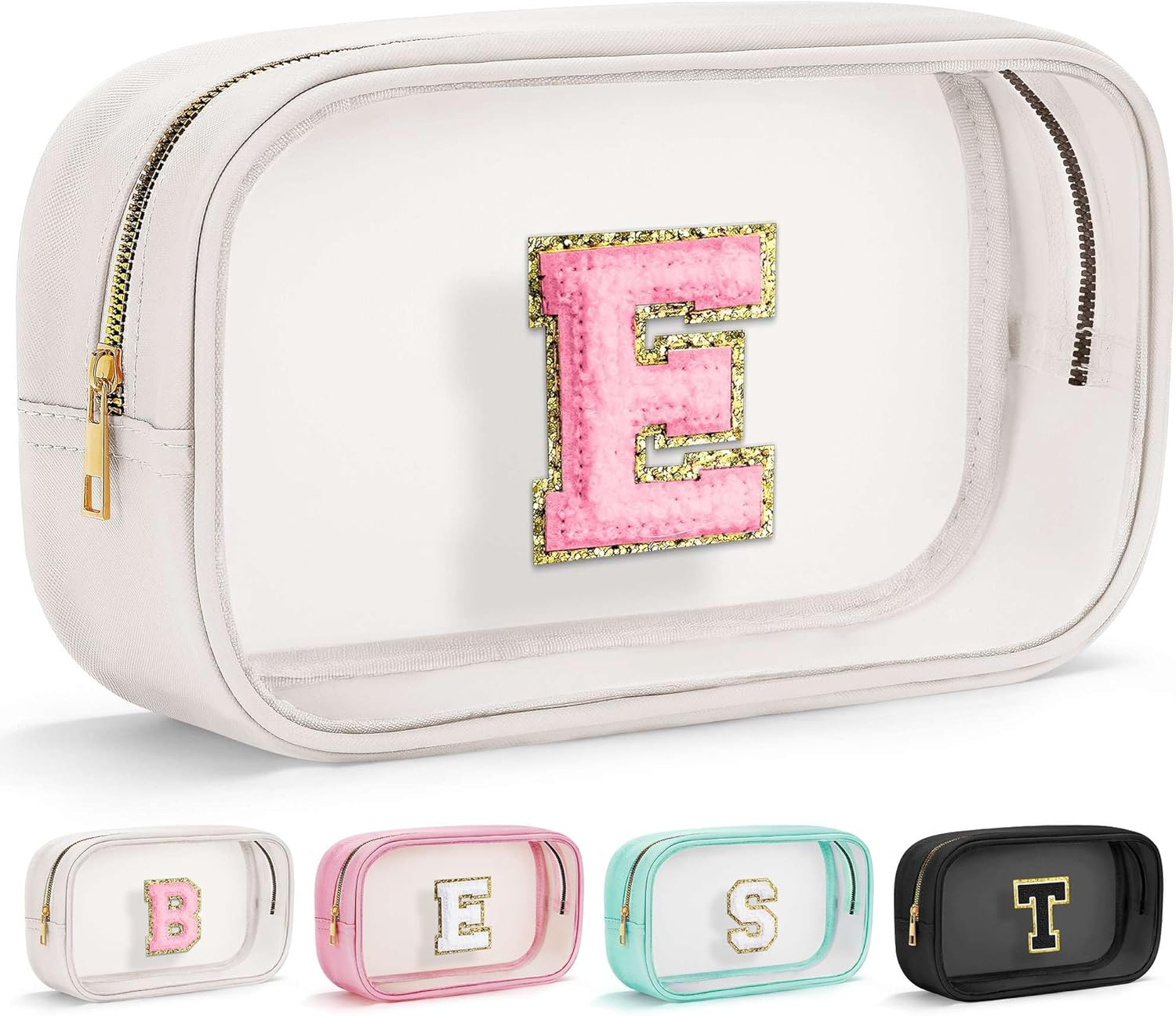 Parima Transparent Cosmetic Bag - Pink Cosmetic Bag Travel Toiletry Bag Large Cosmetic Bag with Letters Gifts for Friends Girls Sister Personalised Cosmetic Bag for Girls Women, White-E image number 1