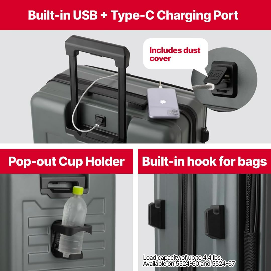 LEGEND WALKER LW 5524 Hardshell Expansion Front-Openning, USB Port,Cup-Holder Spinner Luggage, White, 26 Inch, Central Hardside Expandable Luggage with Spinner Wheels image number 4