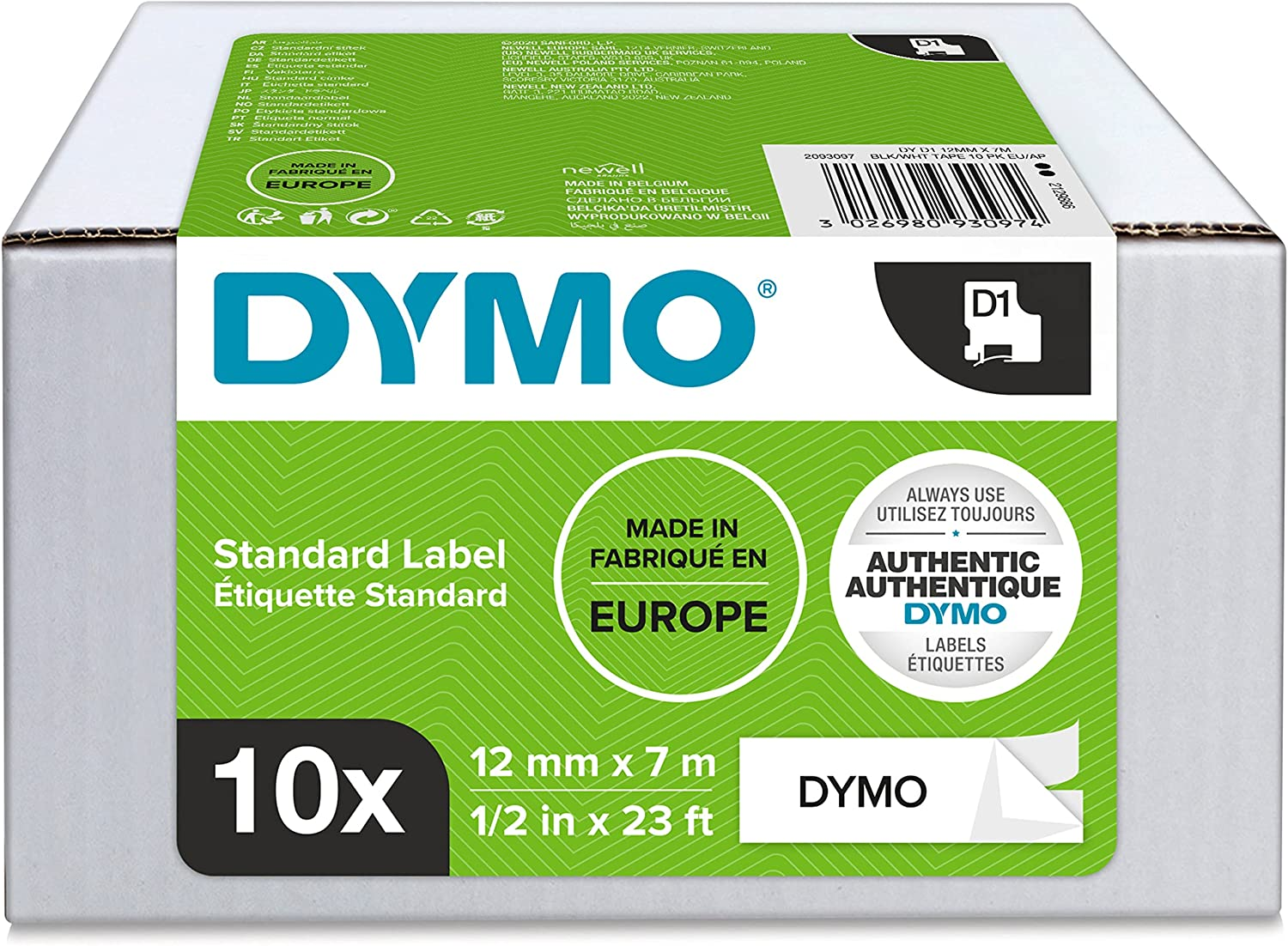DYMO Authentic D1 Labels | Black Print on White | 12Mm X 7M | Self-Adhesive Labels for Labelmanager Label Printers | 10 Count image number 1