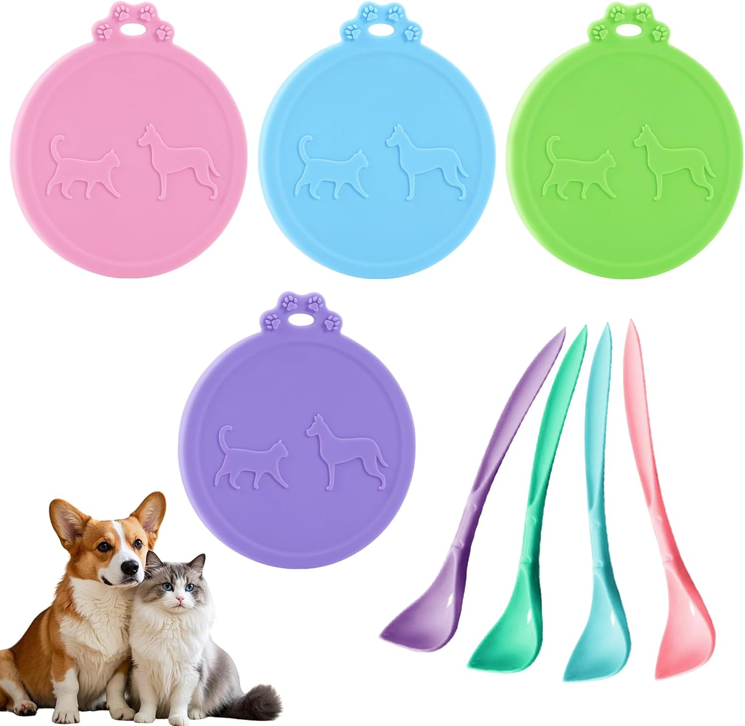 Naapesi 4 Pieces Can Lids for Tins with Spoons, Universal Size Tin Can Covers Lids, Silicone Lid Can Tops Cover for Cat Dog, Standard Size Can Tops and Spoons, Dog Food Tin Lids Covers for Cans image number 3