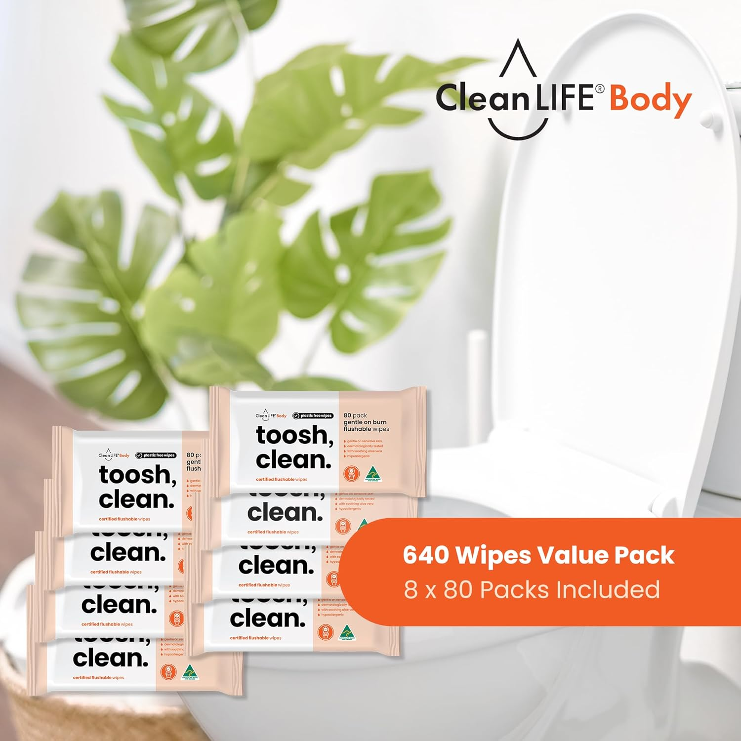 Cleanlife Flushable Wipes &ndash; Toosh, Clean for Sensitive Skin Extra Soft, Aloe Vera & Vitamin E, Hypoallergenic, Dermatologically Tested, 80 Wipes, 8-Pack image number 1