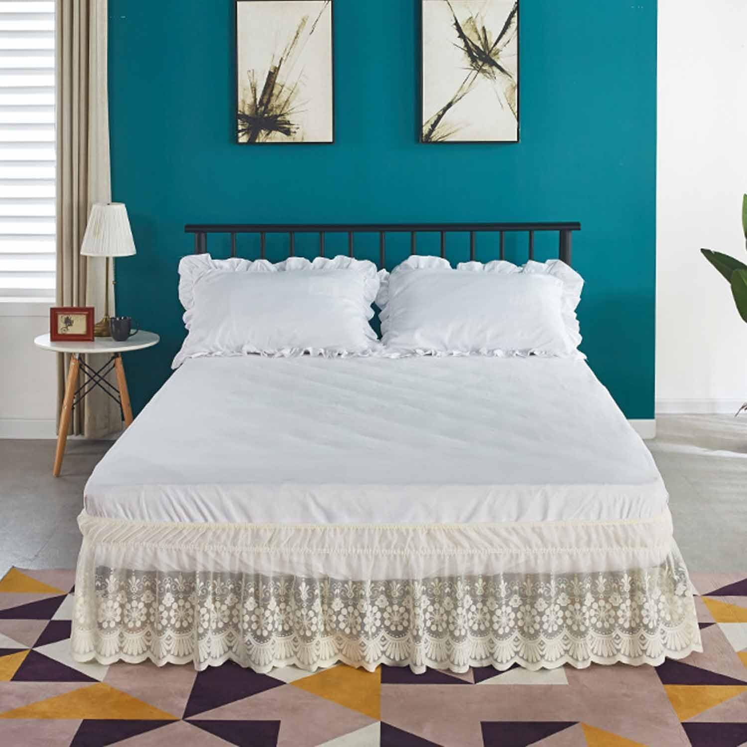 15" Drop Lace Bed Skirt for Twin/Full/Queen/King Bed, Elastic Dust Ruffle Bedskirt Wrap around Bed Skirt - 3 Sides of Bed