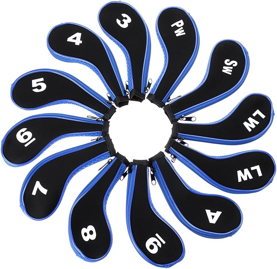 Hipiwe Number Print Golf Club Irons Covers Neoprene Zippered Driver Head Cover with Long Neck-Set of 12