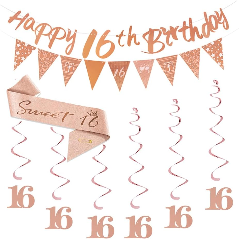 Happy 16Th Birthday Party Supplies for Women Girls,Rose Gold Happy 16Th Birthday Banner Bunting,Triangle Banner Flag Sash Hanging Swirls Streamers for Women Birthday Party Decoration (16Th) image number 6