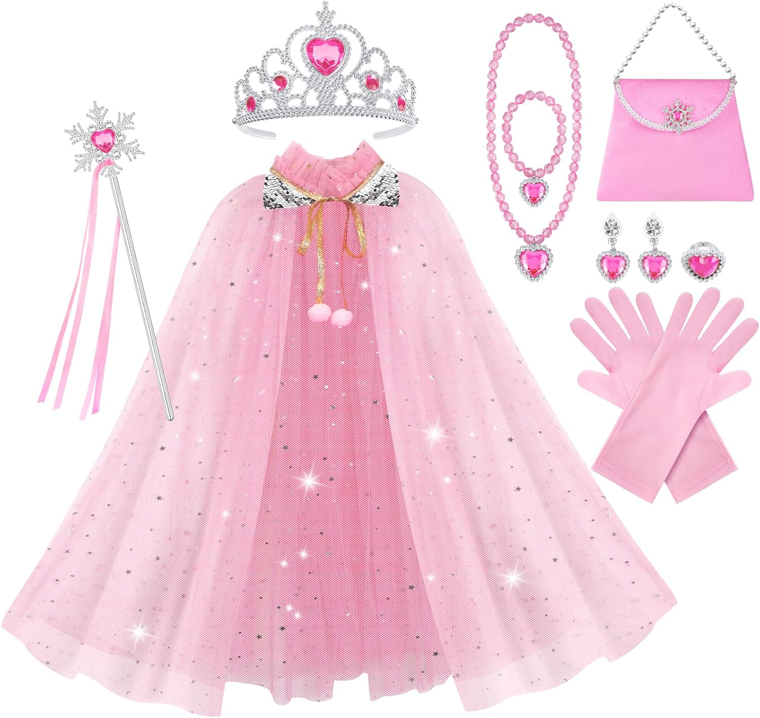 Vicloon 10PCS Princess Cape Set, Princess Dress up Cloak with Crown, Wand, Jewelry, and Bag, Princess Dress up Clothes