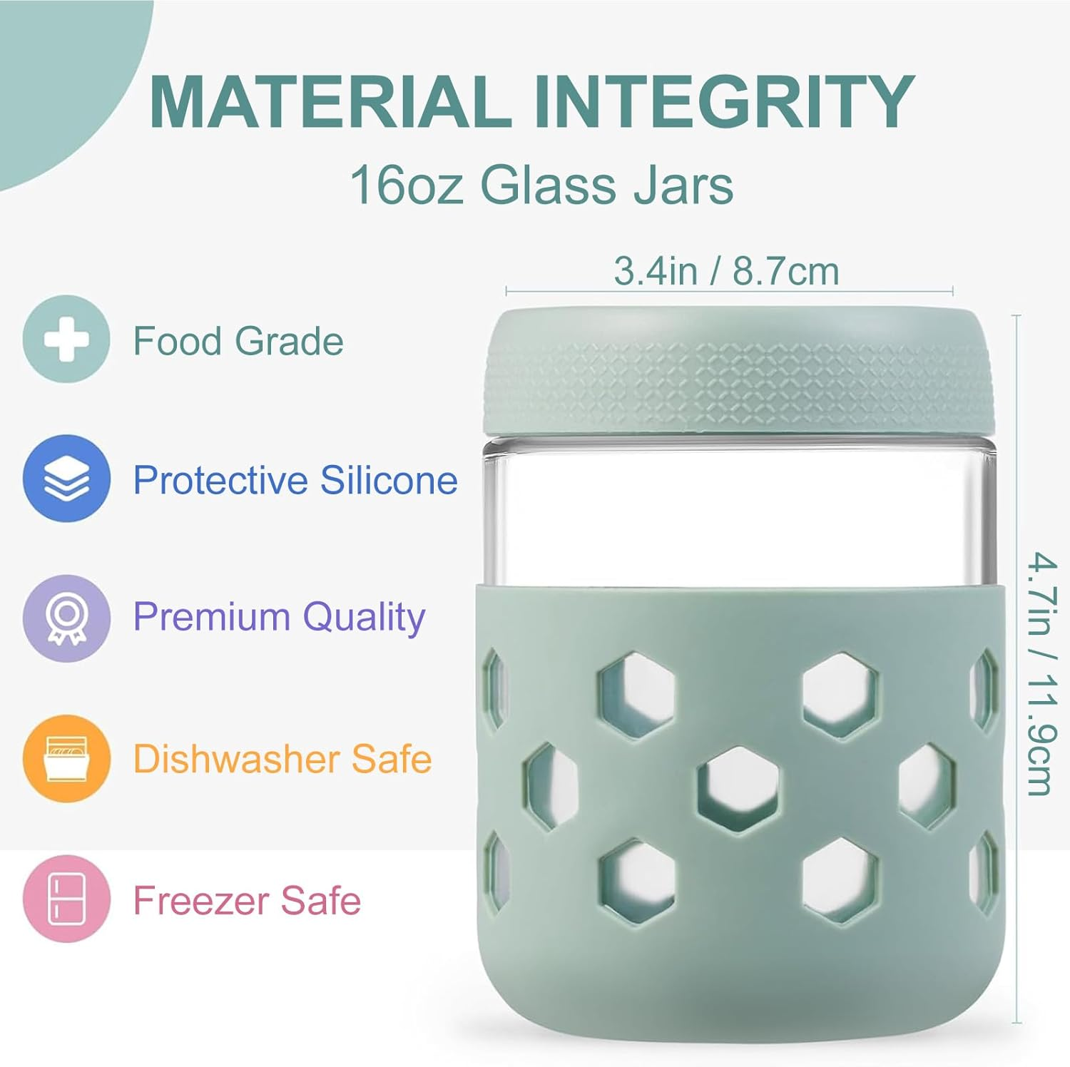 6 Pack Overnight Oats Container Jar with Lid & Silicone Sleeves, Wide Mouth Mason Jar, Airtight Bpa-Free, Dishwasher Safe, Glass Jars for Salad, Spice, Snacks, Dressing Sauce(480 ML/16 Oz) image number 3