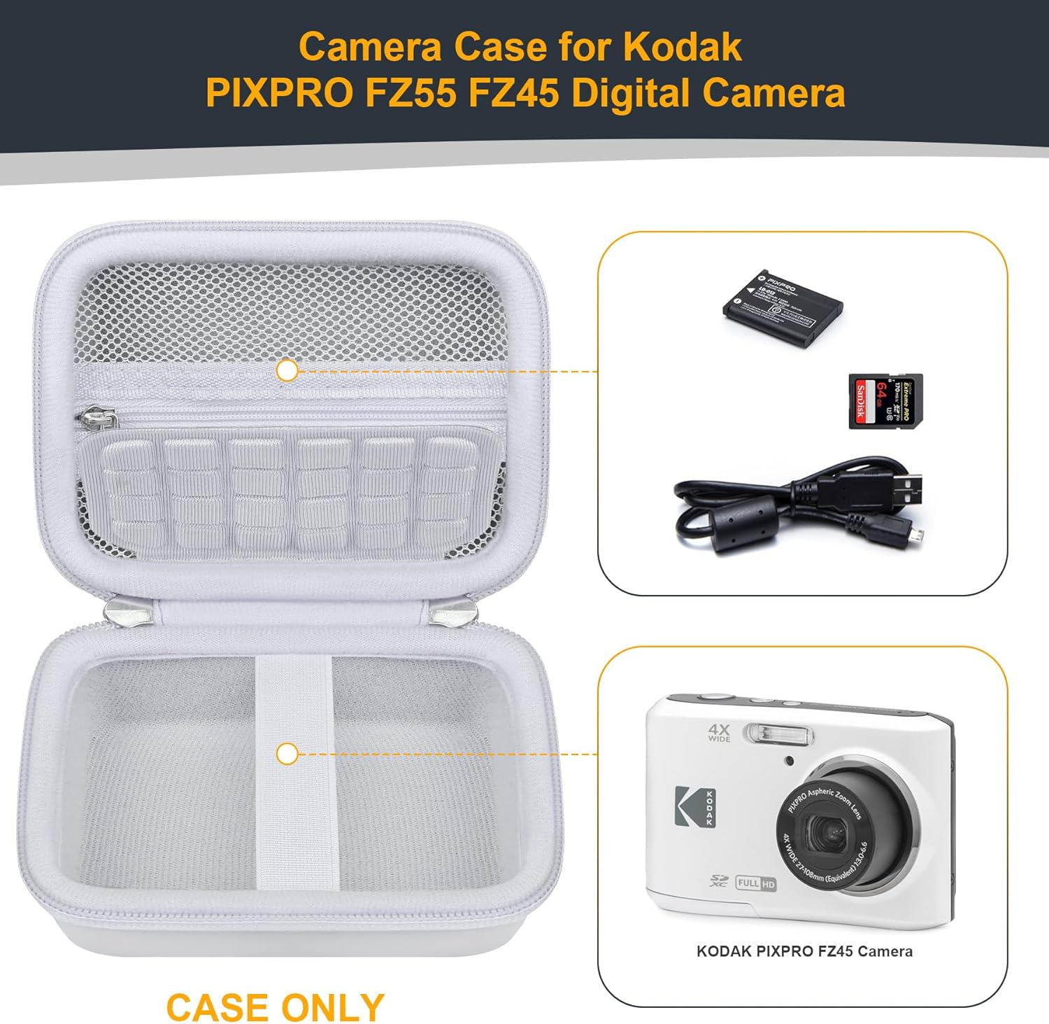 RAIALL Camera Case for Kodak PIXPRO FZ55/ FZ45 Digital Camera, Vlogging Camera Hard Carrying Case Protective Travel Bag, Mesh Pocket for Battery, Cable and SD Card, White image number 2