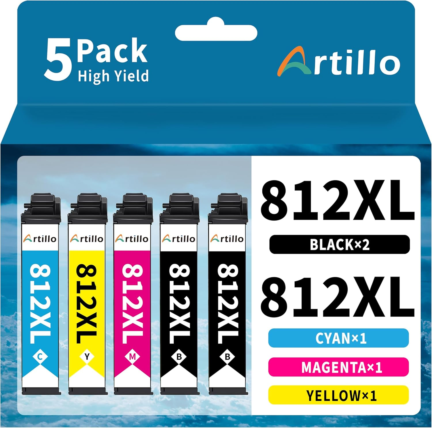 Artillo 812XL Ink Cartridge Replacement for Epson 812XL Ink Cartridges 812 XL T812 T812XL for Workforce Pro WF-3820 WF-3825 WF-4830 WF-4835 WF-7830 WF-7840 WF-7845 Printer (5 Pack, 2BCMY) image number 2