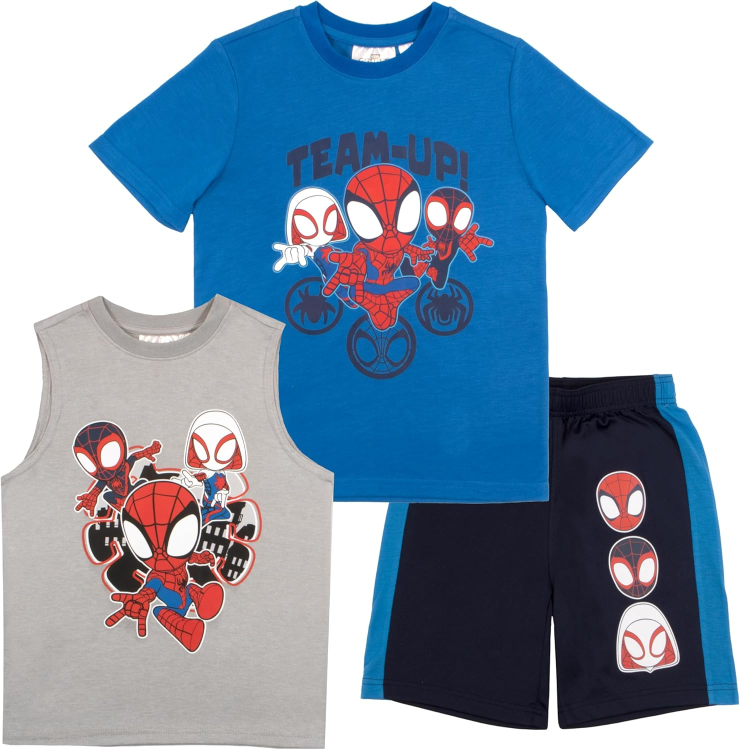 Marvel Spidey and His Amazing Friends 3 Piece Boys Short Set Spider-Man Shirt Tank Top and Shorts Set Spiderman 3 Pack