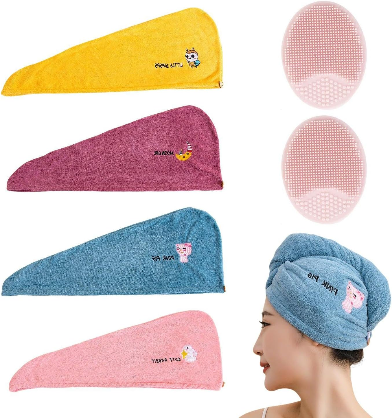 4 Pieces Dry Hair Cap, 2 Face Wash Brushes, Coral Mine Soft Turban, Long Hair Cap for Women, Water Absorbent Embroidered Towel, Bath Accessories image number 5