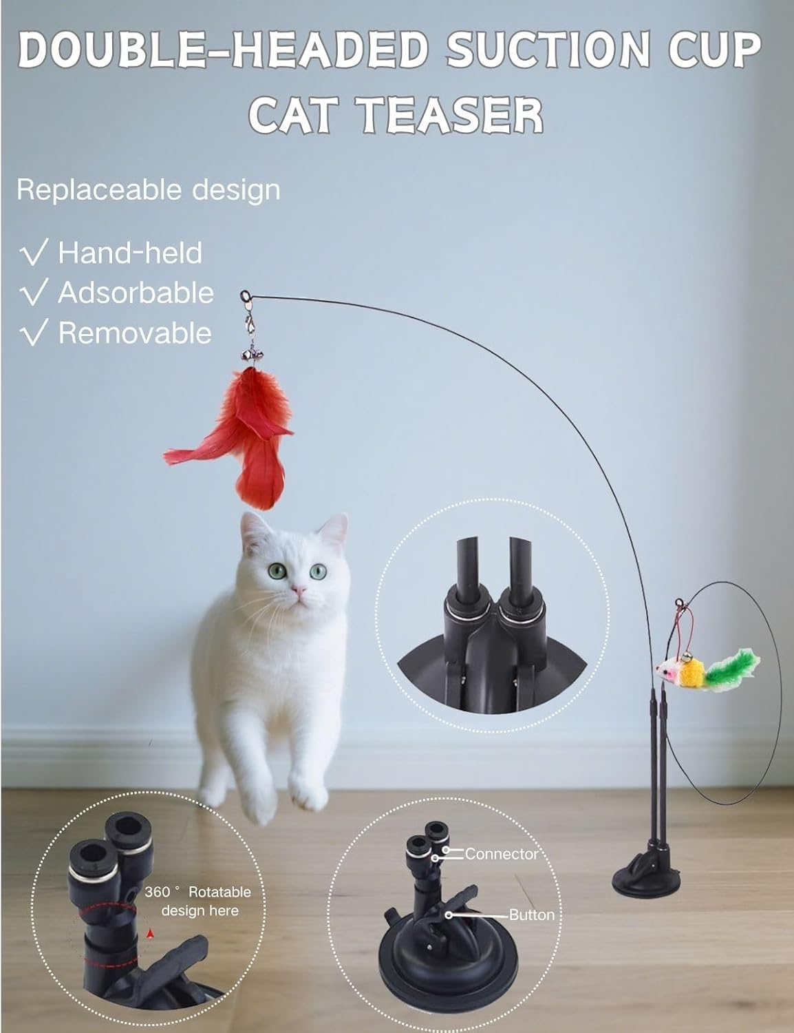 20 Pack 4-In-1 Interactive Cat Feather Toys Set | 2 Wands, 1 Super Suction Cup & 11 Replacements (Feathers, Balls, Mice) | Door-Hanging Teaser Toys for Indoor Cats & Kittens - Exercise & Chase Play