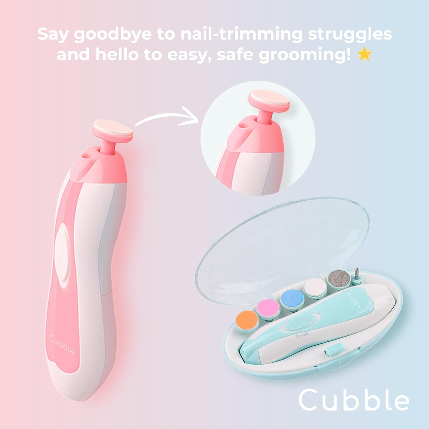 Safe and Quiet Electric Newborn and Toddler Nail Trimmer with LED Lights, 6 X Nail Trimmer Pads and 4 Speed Modes, AA Battery Operated (Blue) image number 1