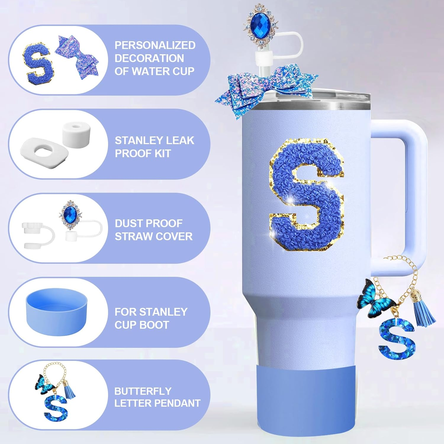 8-Piece Charms Silicone Stanley Cup Accessories Set Including Adorable Sparkling Bow Straw Topper, Protective Cup Boots, Anti-Spill Plugs, Decorative Handle, and Personalized Initial Stickers (S) image number 1