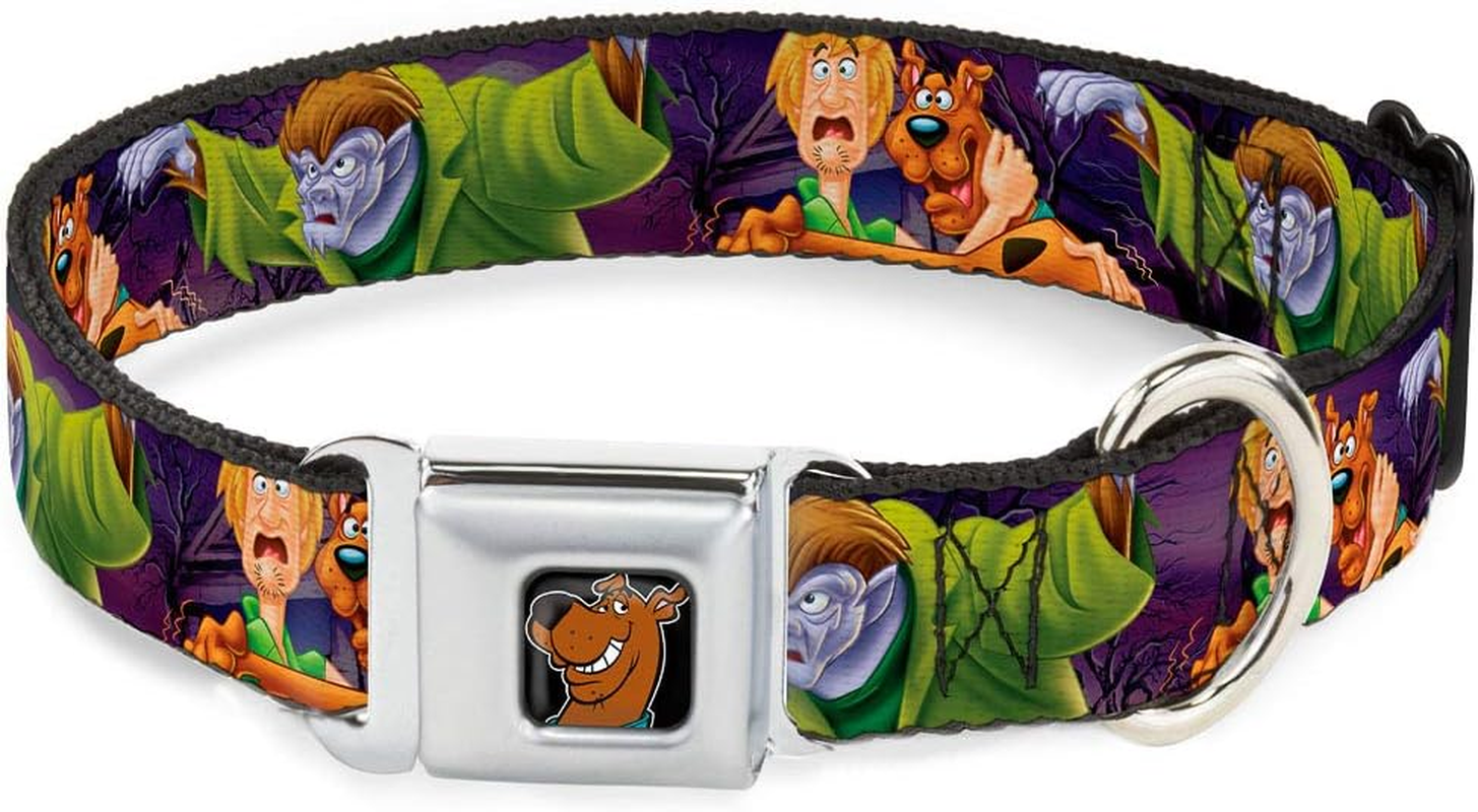 Buckle-Down Seatbelt Buckle Dog Collar - Scooby & Shaggy Hugging W/Werewolf Man Purple - 1" Wide - Fits 11-17" Neck - Medium