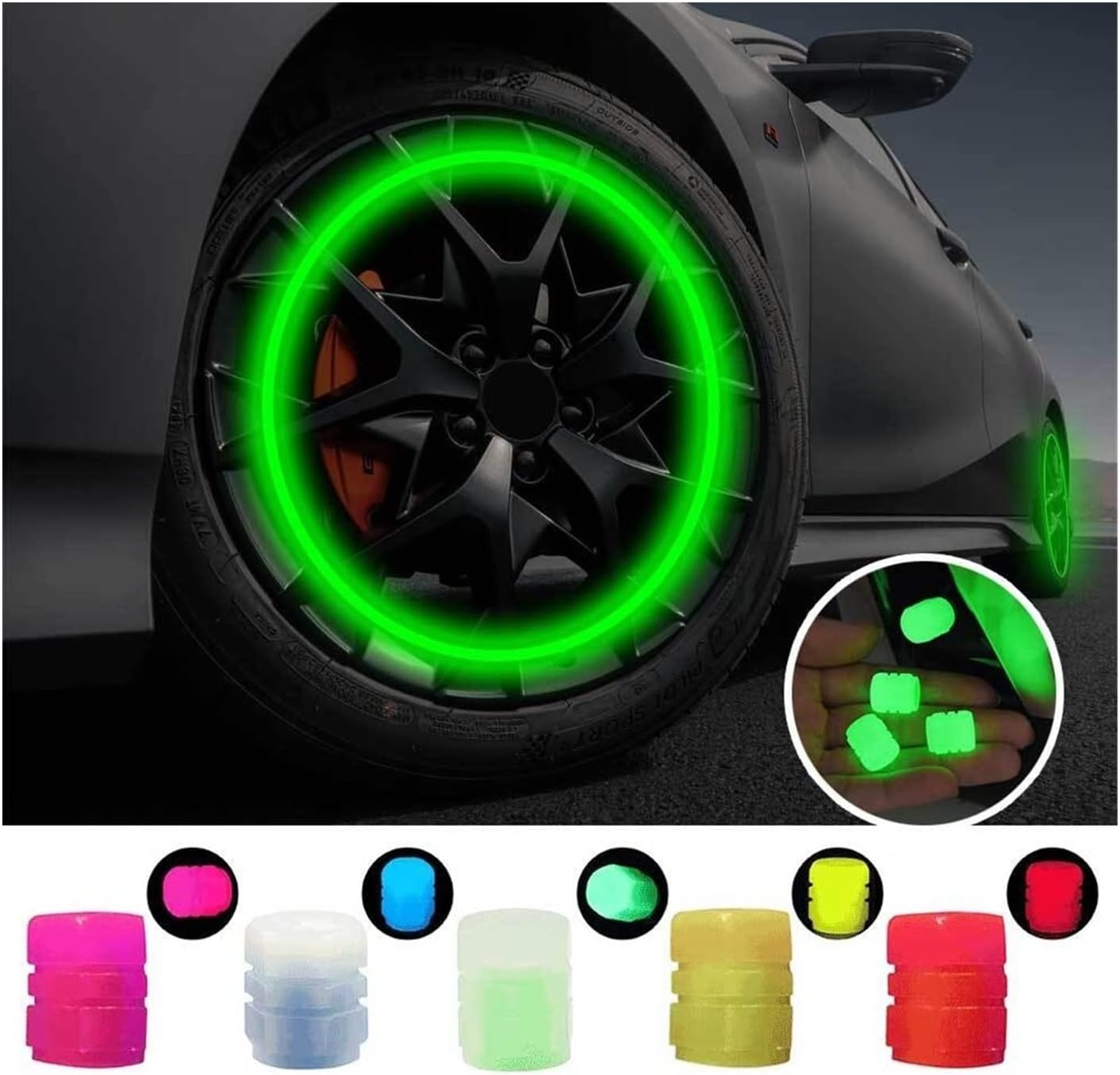 4Pcs Luminous Valve Caps Fluorescent Green Blue Night Glowing Car Motorcycle Bicycle Wheel Styling Tyre Hub Luminous Cap Decor (Color : a 8Pcs) image number 4