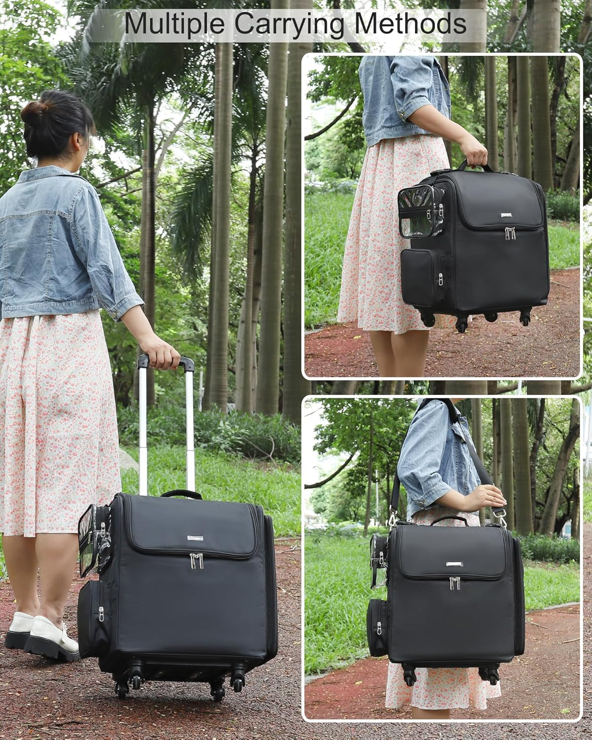 Relavel Rolling Makeup Train Case, Hairstylist Traveling Bag with 4 Wheels, Heat Insulation Full Layer, Adjustable Dividers, Hair Tools and Cosmetics Storage Organizer, Black, Extra Large, Hairstylist - Black-6 Pcs Clear Bags image number 3