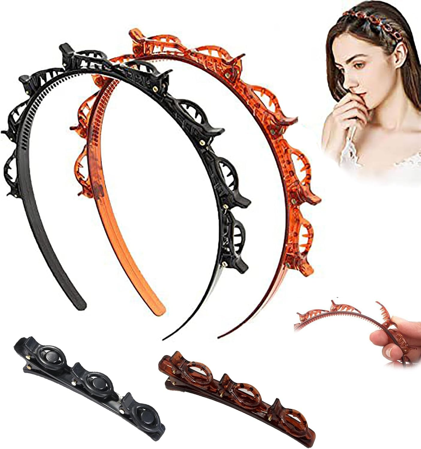 Pack of 4 Headbands with Clips, Braided Hair Clips, Women'S Bangs, Hairstyle Hairpin, Double Layer, Non-Slip, Pony Hairpin for Women, Girls, Styling Accessories image number 3