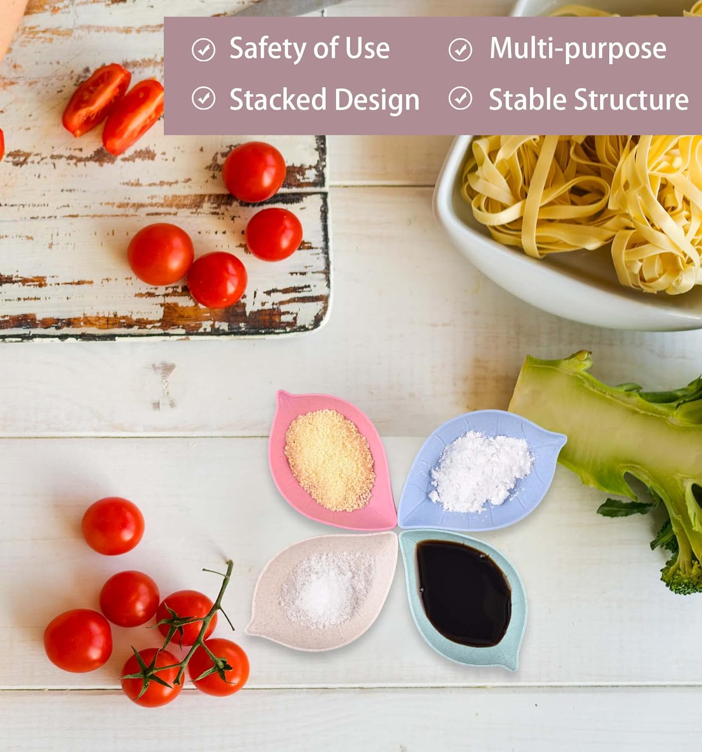 BWLAND Wheat Straw Leaf Shape Sauce Dishes, 4 PCS, Green, Pink, Beige, Blue, Dipping Sauce Bowls for Ketchup, Appetizers, Condiment, Snack, Honey Mustard image number 6