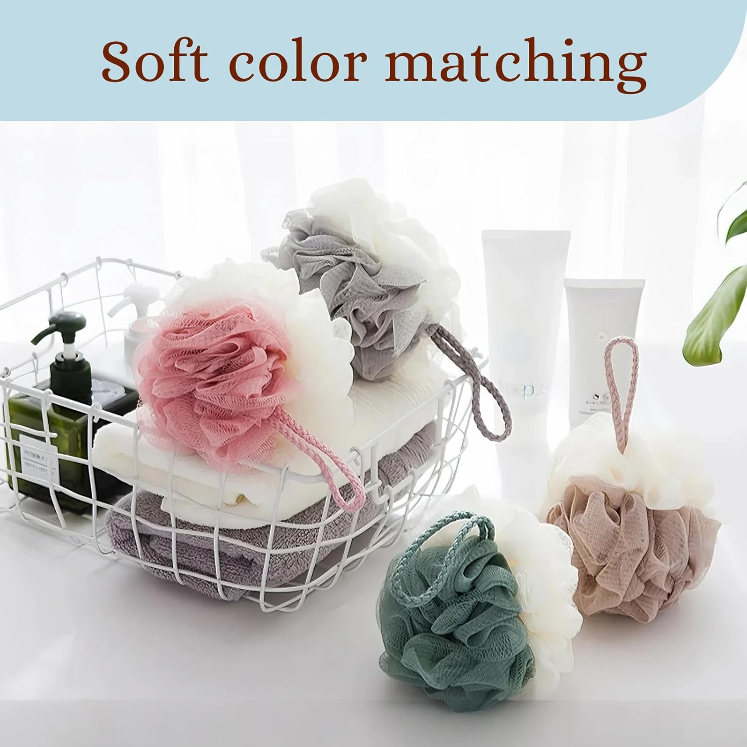 Fortuneglobe 4-Pack Colorful Bath Poufs | Gentle Exfoliating Mesh Sponges for Body & Skin | Family Shower Essentials for Adults & Kids image number 2