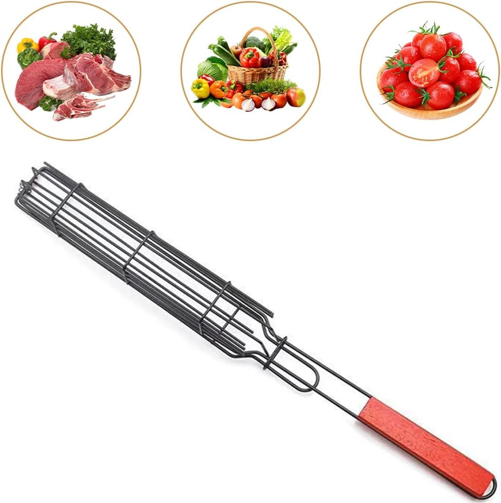 2 Pack Non-Stick Single Kabob Baskets, Barbecue Grill Basket，Bbq Square Grill Mesh with Long Wooden Handle for Fish Vegetable Sausage Meat image number 6
