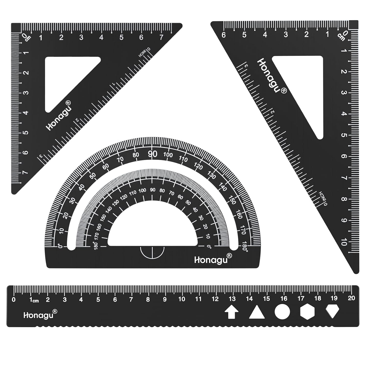 Honagu Triangular Ruler Set, 4 Pieces Aluminum Alloy Ruler, Metal Drafting Ruler, Geometric Protractor for Student,Draftsman, Engineers, Home School Office Supplies(20Cm/7.87Inch, Black) image number 6