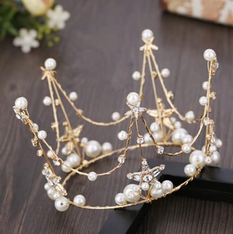 Metal Pearl Crown Cake Topper Tiara Hair Ornament Birthday Party Supplies for Birthday Wedding Princess Theme Party Decor