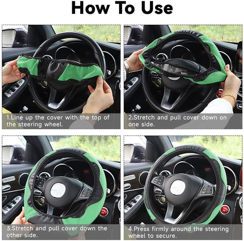 Car Steering Wheel Cover, Universal Size Steering Wheel Cover Fits 37-38 Cm/14.5-15 Inch, Non-Slip Carbon Fiber Microfibre, Breathable Car Accessories Steering Wheel Cover, Green - Blue image number 5