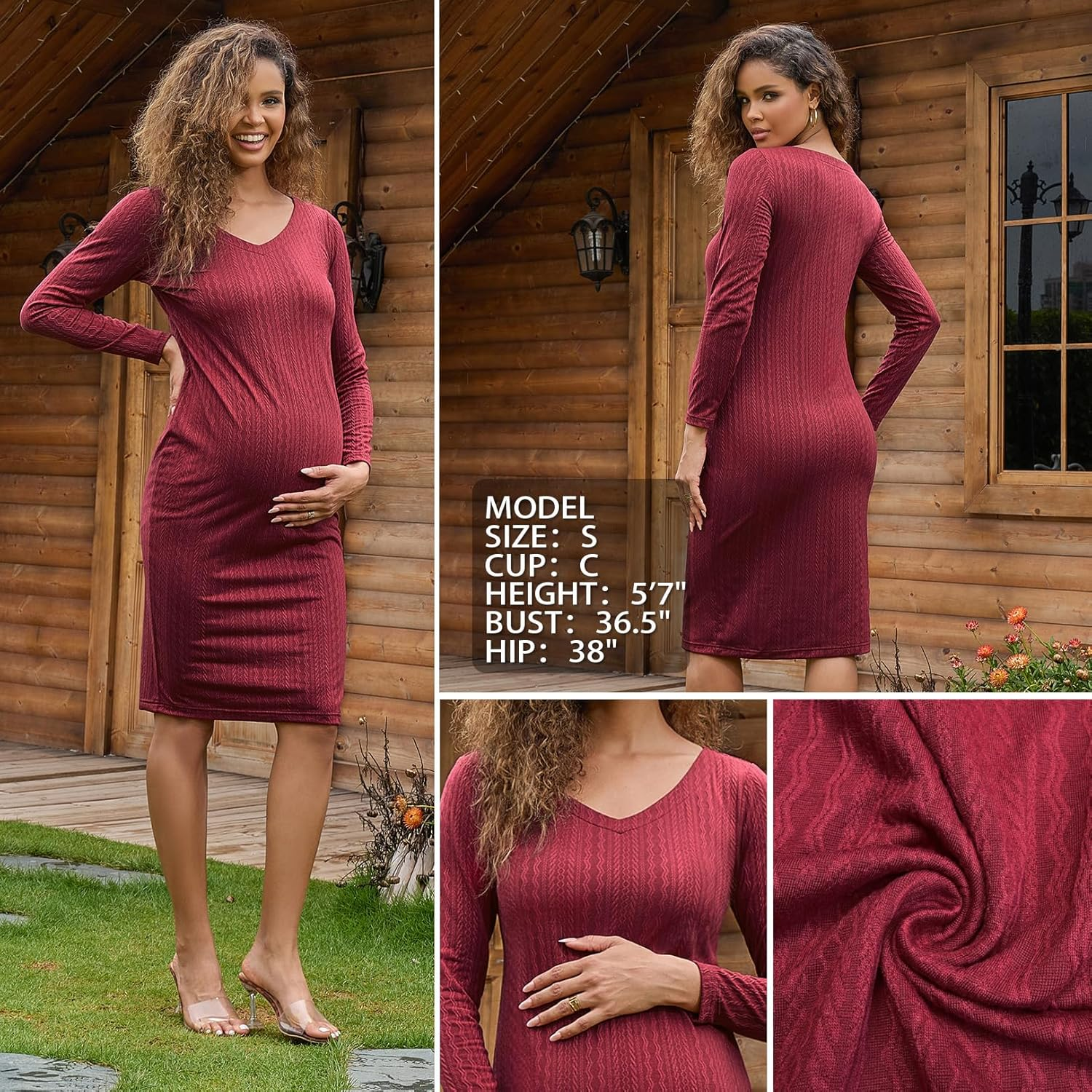 Maternity Dress Long Sleeve V Neck Knit Ribbed Maternity Sweater Dress Bodycon Mid Pregnancy Dress for Photoshoot Baby Shower image number 2