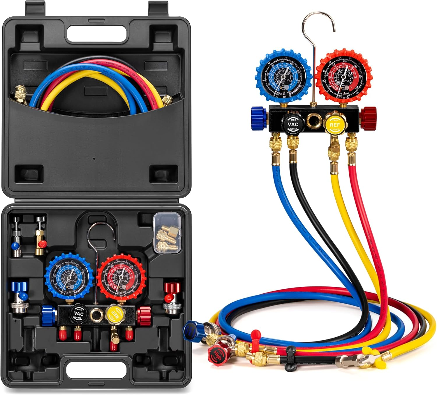 VIVOHOME HVAC Manifold Gauge Set for R134A R410A R22 R32 Refrigerant, 4 Valve Automotive AC Gauges with 5Ft Hoses for Car Freon Charging and Evacuation image number 3