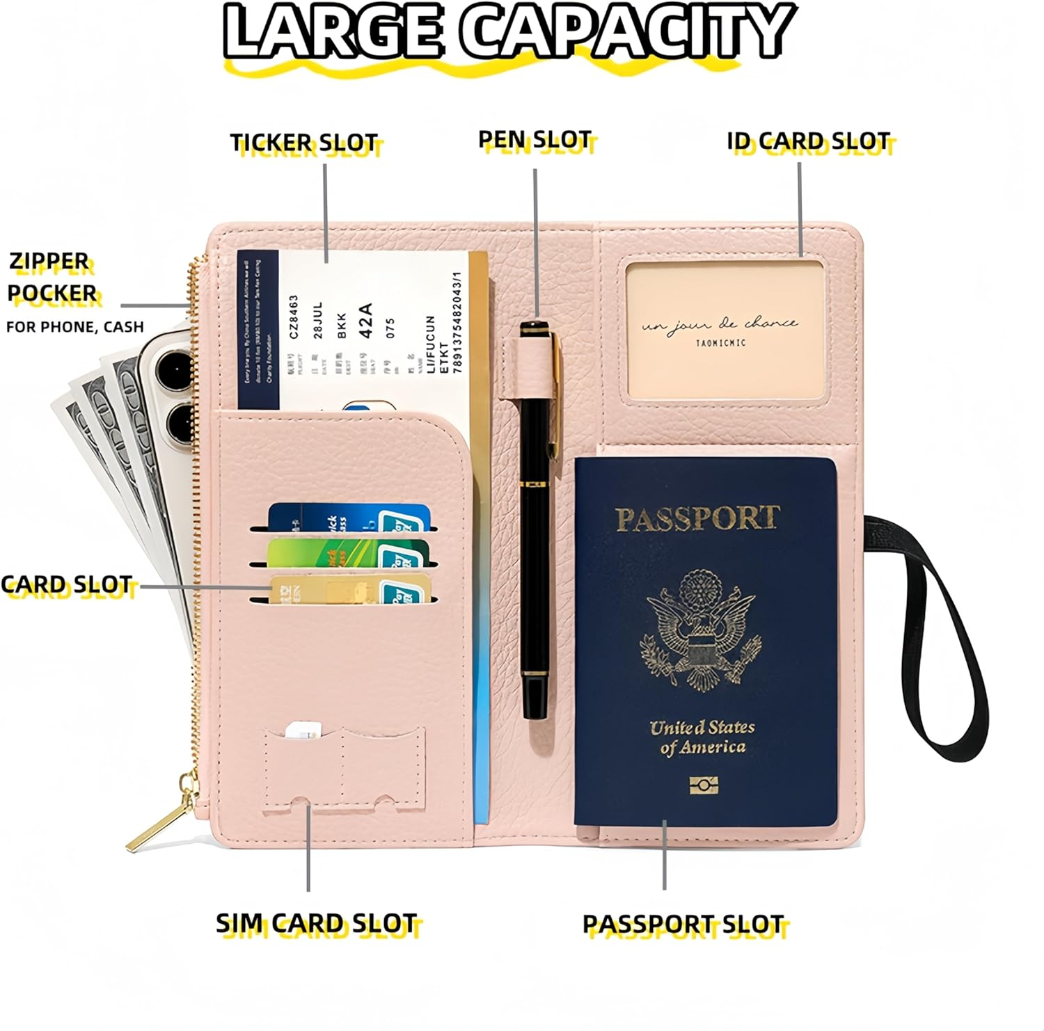 Rfid-Blocking Leather Travel Wallet & Passport Holder with Zipper Pocket, Card Slots, and Phone Compartment &ndash; Waterproof Travel Organizer for Women & Men. TG-1 (Black) - Brown image number 4