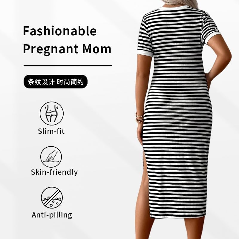 Maternity Striped Dress, Casual Flared Hem, Elegant image number 3