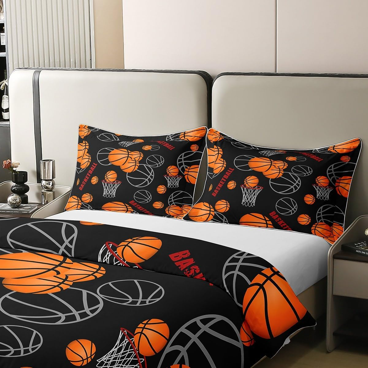 Erosebridal Basketball Twin Comforter Cover for Boys, Sports Games Themed 100% Organic Cotton Bedding Set, Gifts and Decor Duvet Cover, Orange Black Bed Cover image number 2