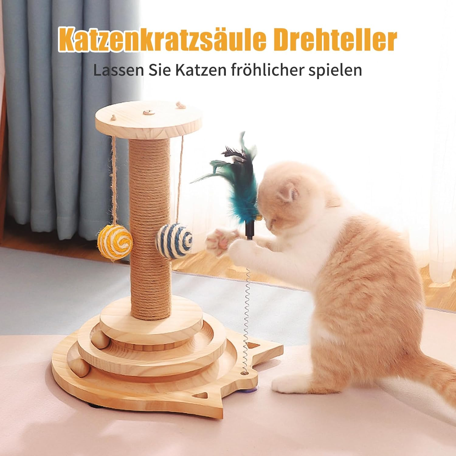 Cat Toy, Wooden Roller Cat Interactive Toy, Rotating Plate, Scratching Post with Hanging Balls & Feather, Interactive Cat Toy for Small Medium Cats to Play image number 1