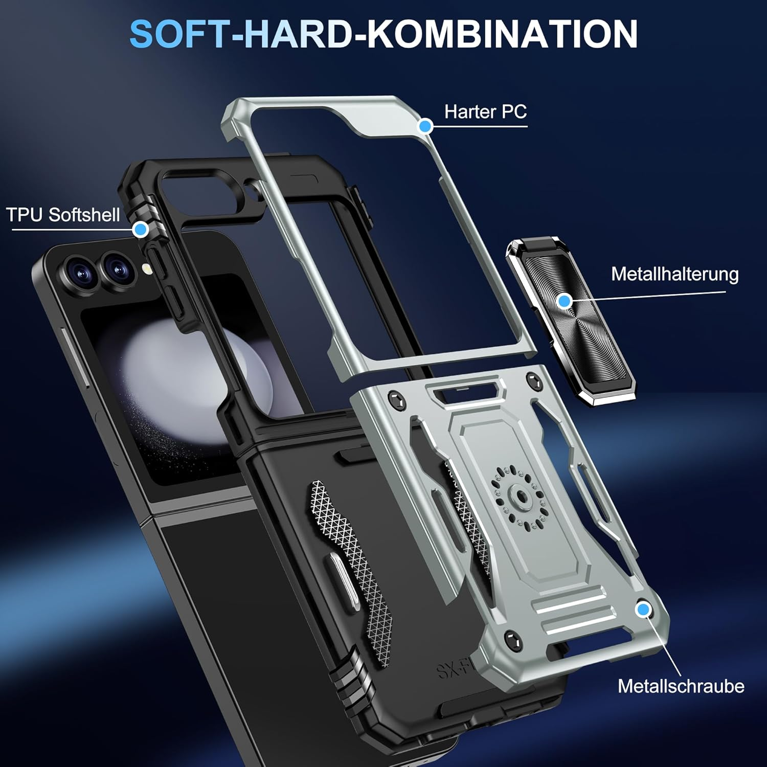 Mobile Phone Case for Samsung Galaxy Z Flip 5 Case with Slide Camera with Camera Protection Galaxy Z Flip 5 Protective Case 360&deg; Rotating Metal Ring Stand Shockproof for Samsung Z Flip 5 5G (Grey) image number 5