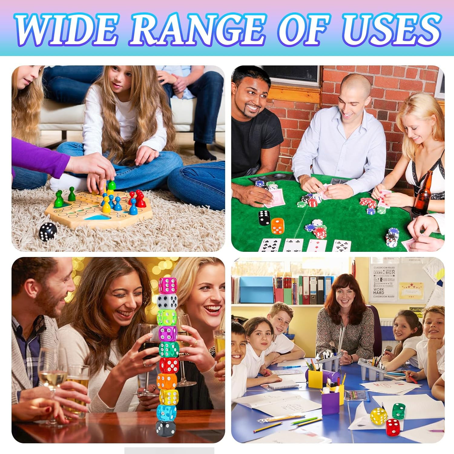 JMQU 16MM Colored Dice Set, 50Pcs 6 Sides Standard Bulk Large D6 Dice with Portable Plastic Box, 10 Colors Including Red Dice,Green Dice for Board Games,Parties,Classroom Math Games image number 5