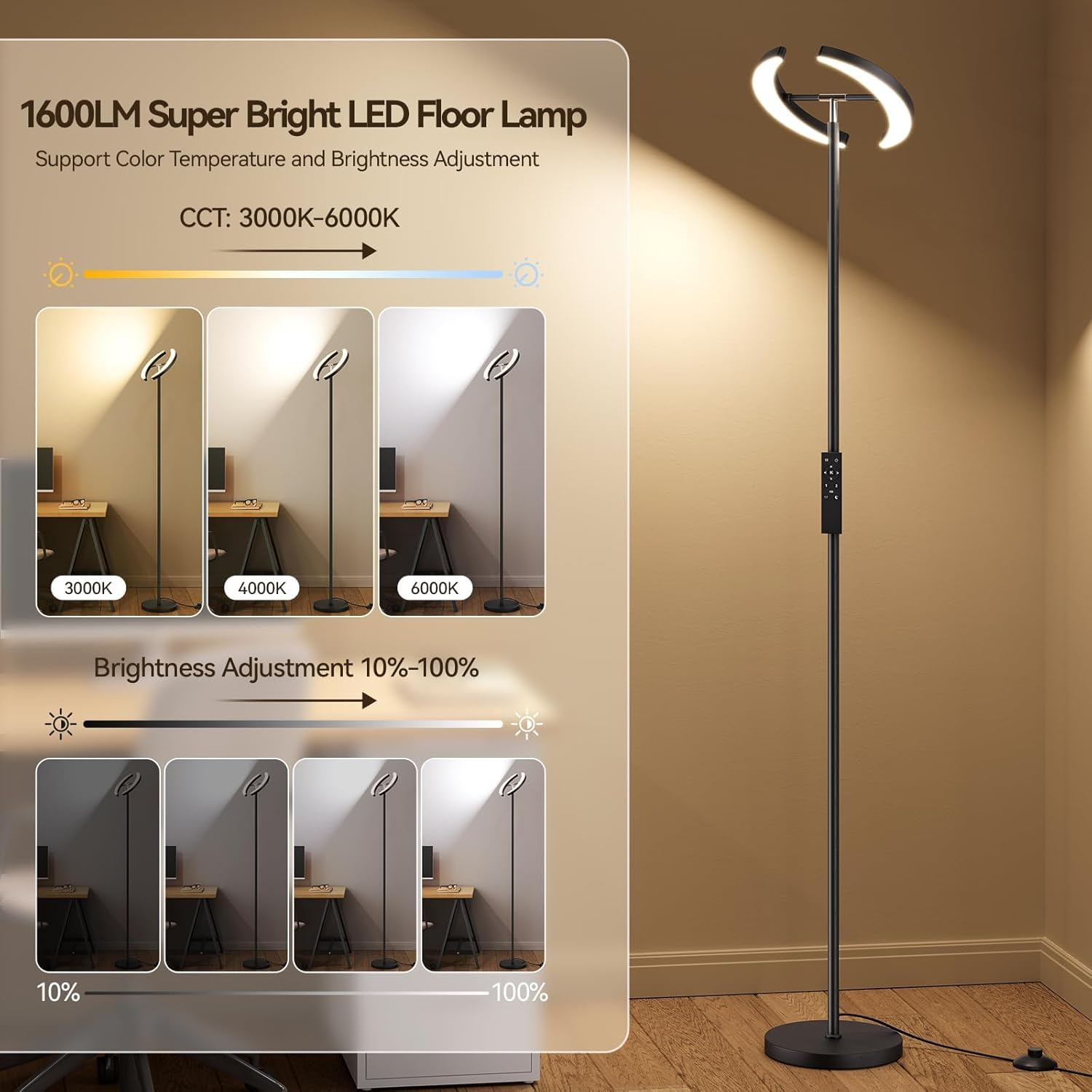 Floor Lamps for Living Room, 28W/1600LM Bright LED Floor Lamp with Remote & 2 Rotatable Lights, Stepless Dimmable 3000K-6000K Rotatable Reading Standing Light for Living Room Bedroom image number 2
